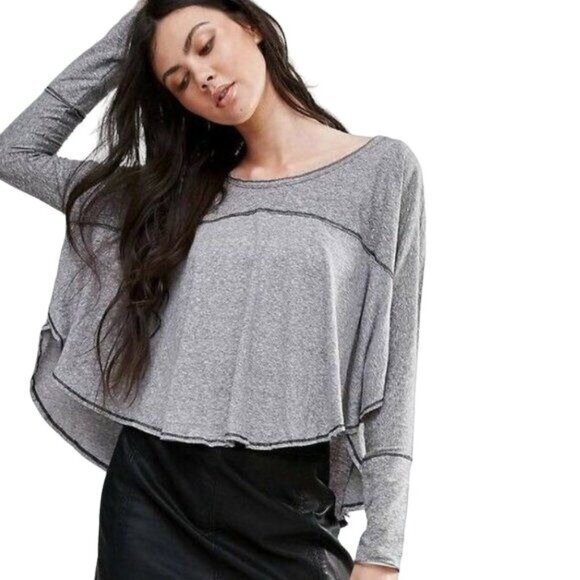 FREE PEOPLE Womens Top SZ XS Cloud Nine Gray Crop Lagenlook Slouchy Oversized - Picture 2 of 7